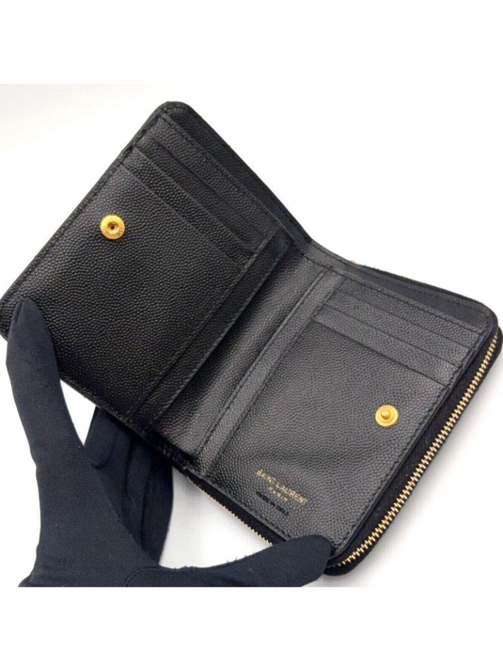 Saint Laurent Paris Monogram Compact Zip Around Caviar Leather Black Wallet Gold - Picture 3 of 13